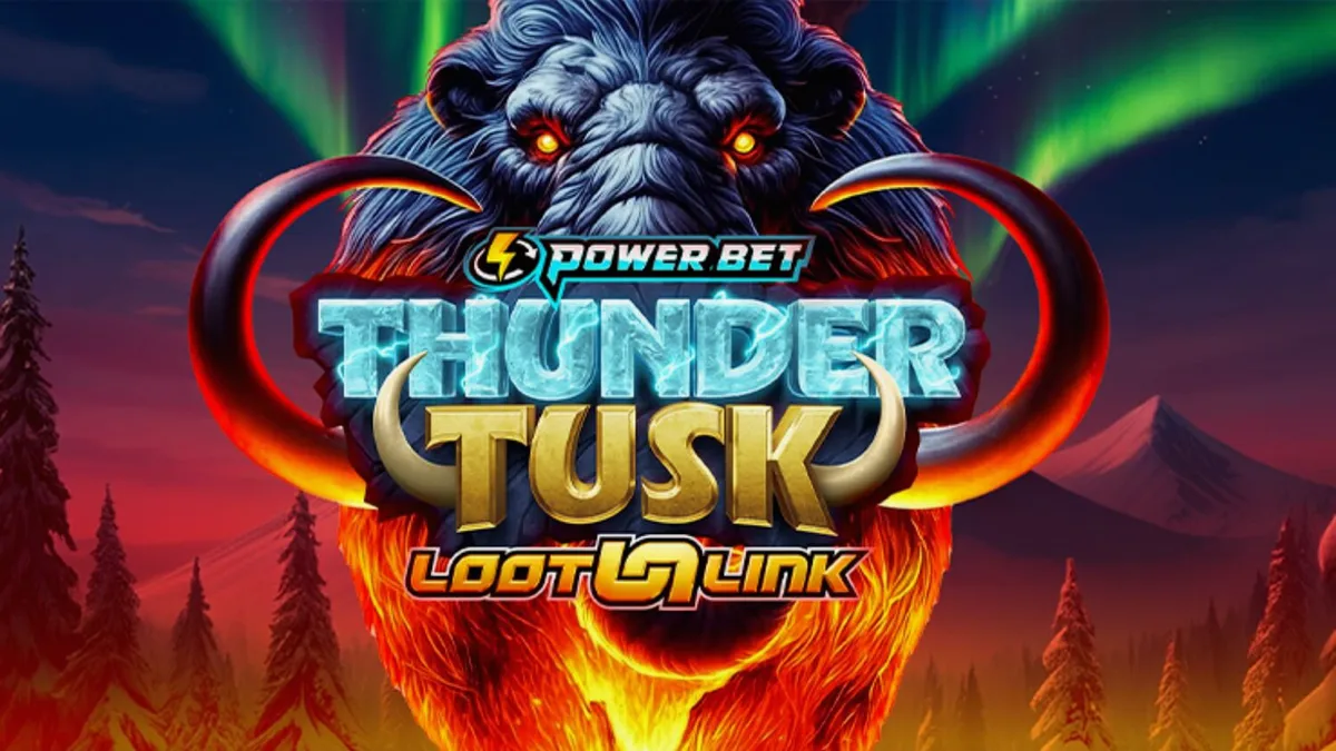 Cenário gelado e pré-histórico do slot Thunder Tusk com elementos de tempestade e vida selvagem