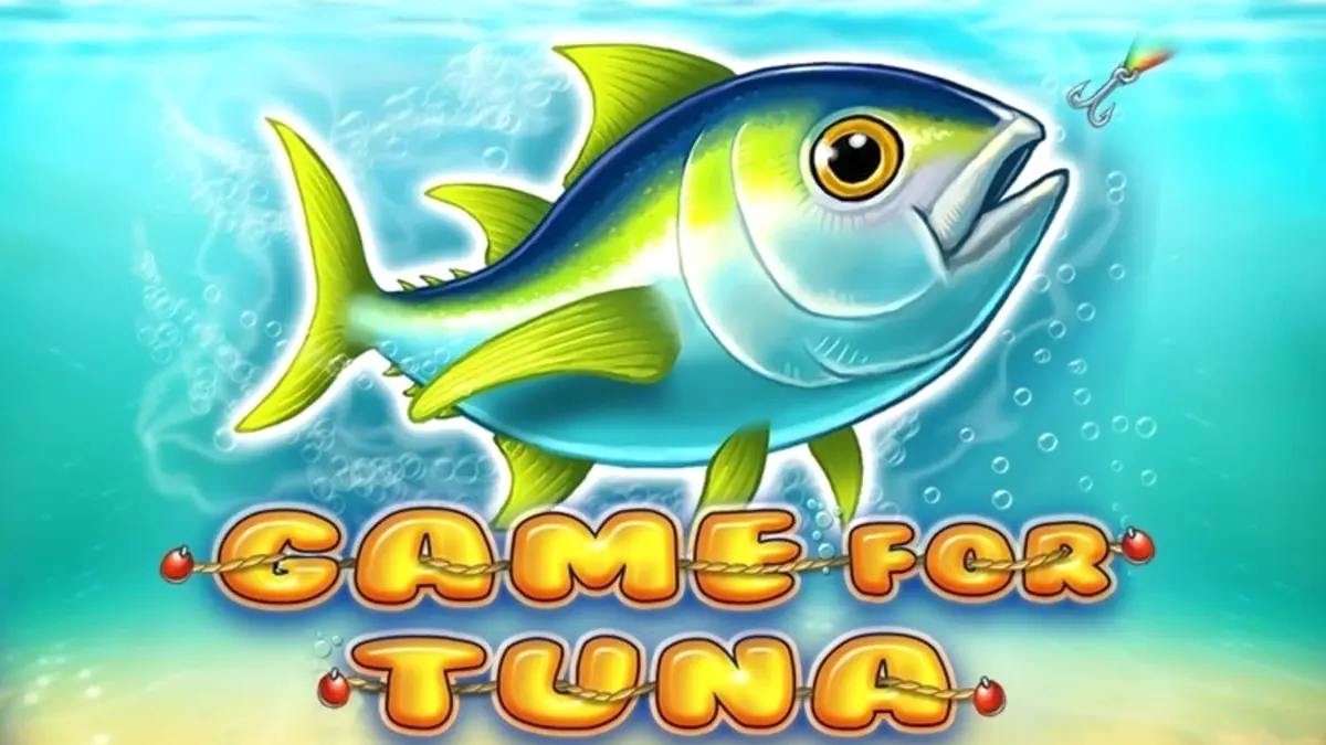 Captura de tela do jogo Game For Tuna, mostrando os rolos subaquáticos com símbolos de pesca e um pescador.