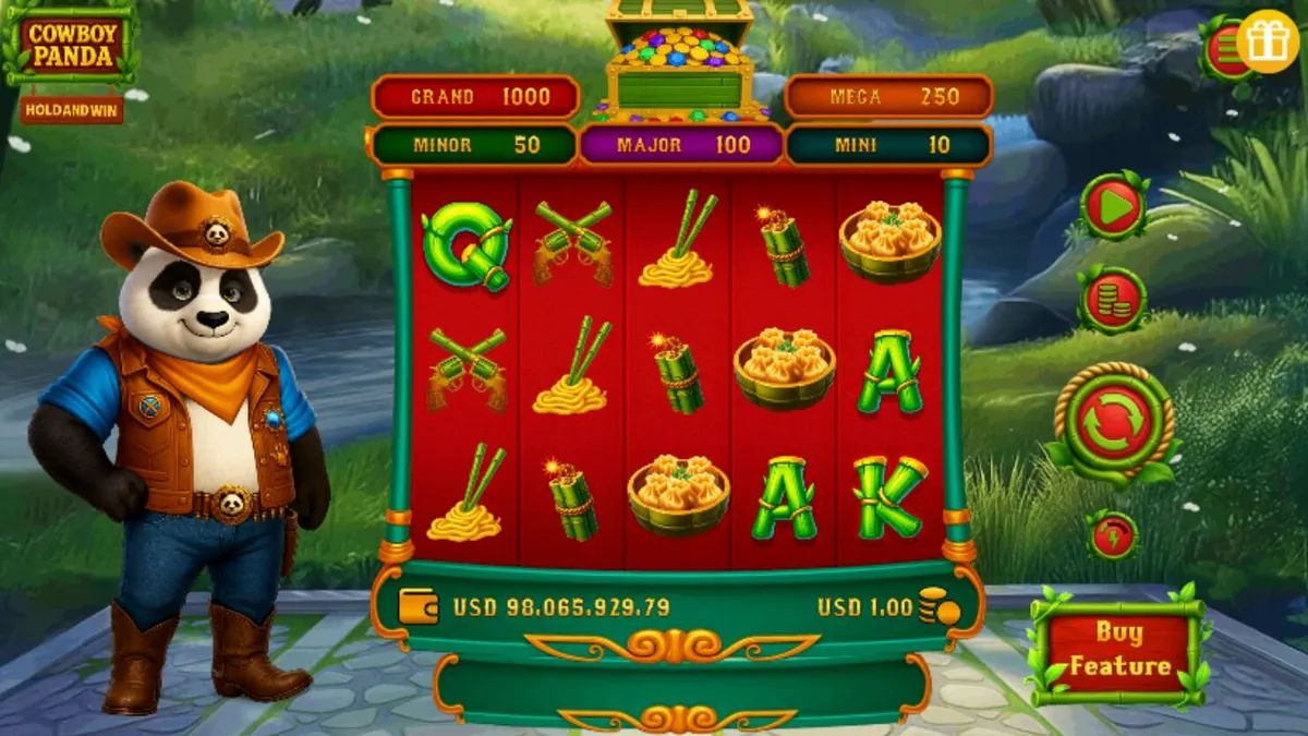 O slot Cowboy Panda Hold & Spin com um panda cowboy em um cenário de selva